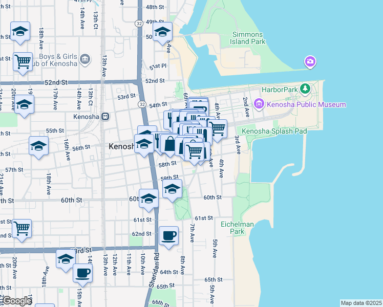 map of restaurants, bars, coffee shops, grocery stores, and more near 618 58th Street in Kenosha
