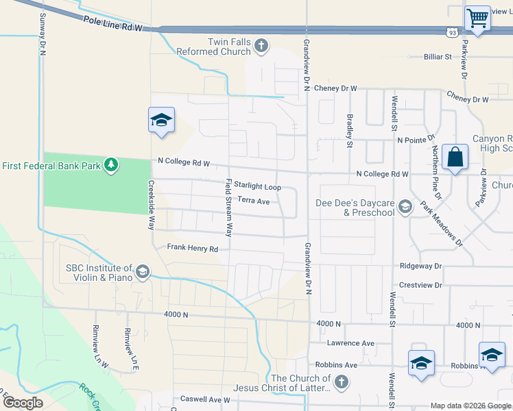 map of restaurants, bars, coffee shops, grocery stores, and more near 1029 Terra Avenue in Twin Falls