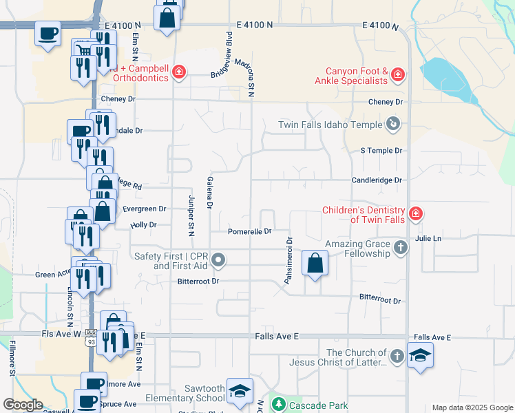 map of restaurants, bars, coffee shops, grocery stores, and more near 1189 Brundage Circle in Twin Falls