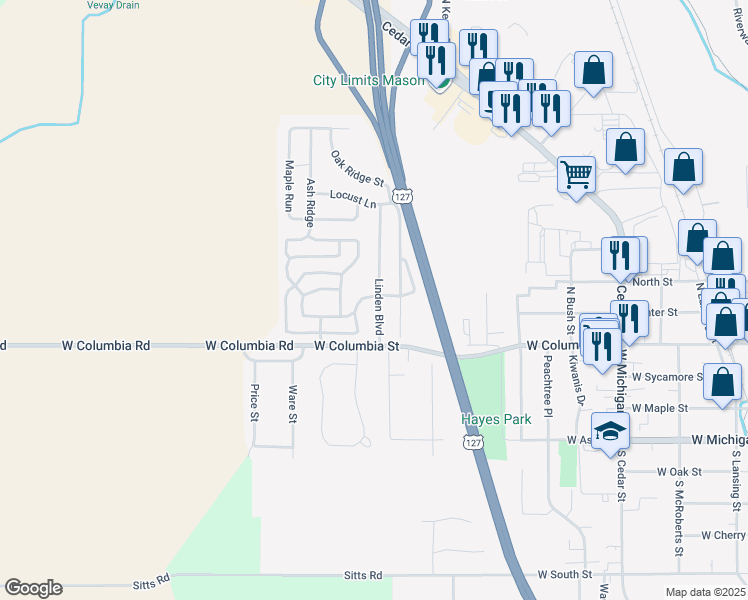 map of restaurants, bars, coffee shops, grocery stores, and more near 149 Linden Boulevard in Mason