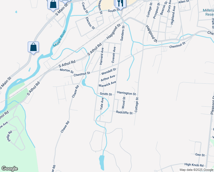 map of restaurants, bars, coffee shops, grocery stores, and more near 82 Warwick Avenue in Athol