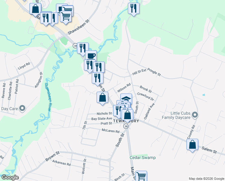 map of restaurants, bars, coffee shops, grocery stores, and more near 3 Madeline Road in Tewksbury