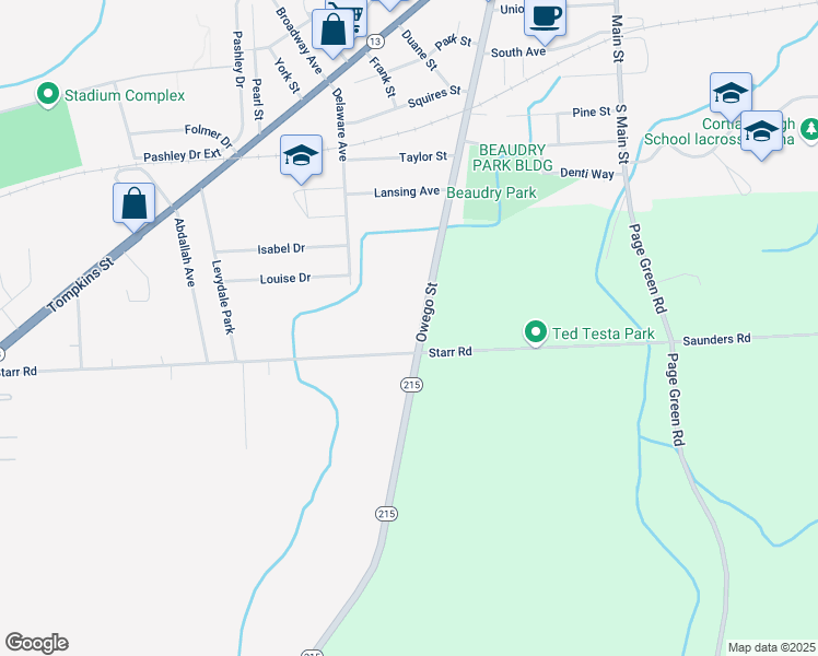 map of restaurants, bars, coffee shops, grocery stores, and more near 3651 New York 215 in Cortland