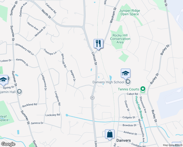 map of restaurants, bars, coffee shops, grocery stores, and more near 5 Neal Road in Danvers