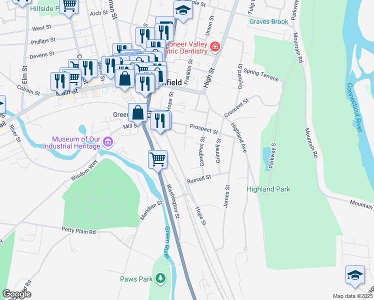 map of restaurants, bars, coffee shops, grocery stores, and more near 29 Prospect Avenue in Greenfield