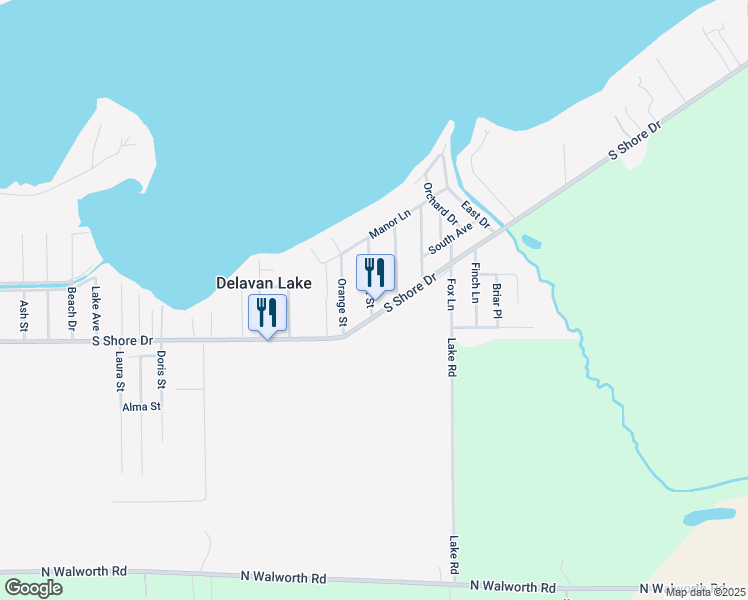 map of restaurants, bars, coffee shops, grocery stores, and more near 4110 Locust Street in Delavan