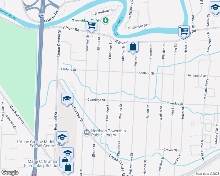 map of restaurants, bars, coffee shops, grocery stores, and more near 38775 Pineridge Street in Harrison Township
