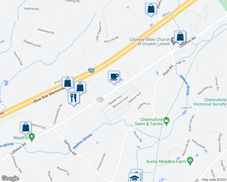 map of restaurants, bars, coffee shops, grocery stores, and more near 308 Littleton Road in Chelmsford