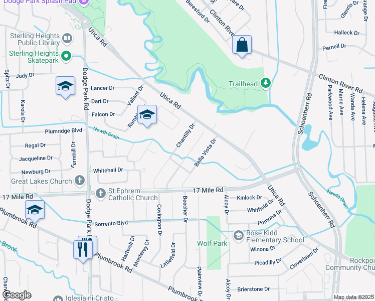 map of restaurants, bars, coffee shops, grocery stores, and more near 39367 Della Rosa Drive in Sterling Heights