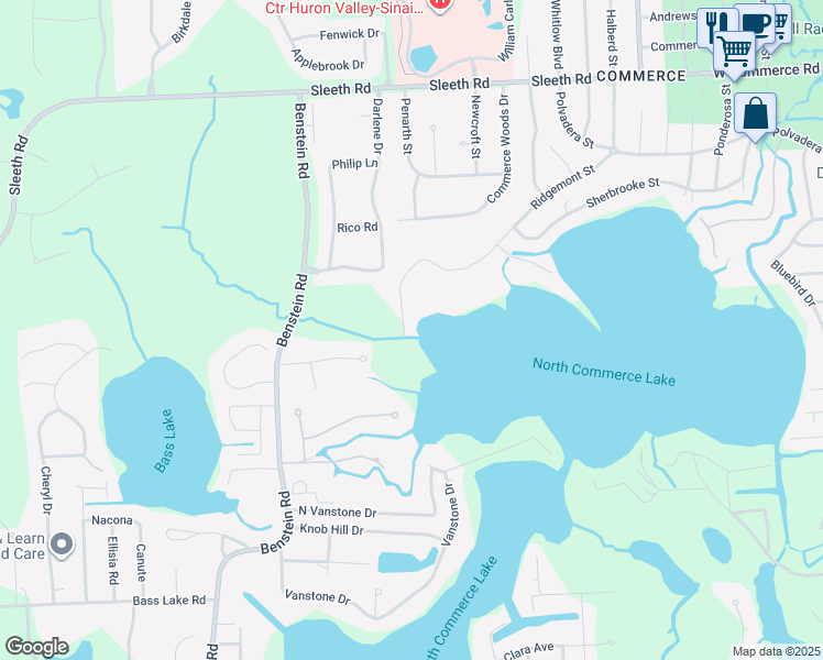 map of restaurants, bars, coffee shops, grocery stores, and more near 3285 Ridgemont Street in Commerce Township