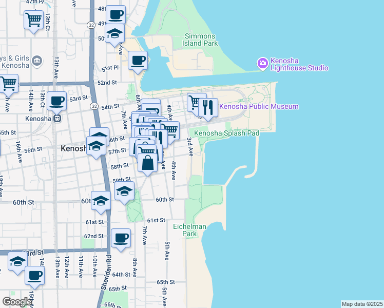 map of restaurants, bars, coffee shops, grocery stores, and more near 5801 3rd Avenue in Kenosha
