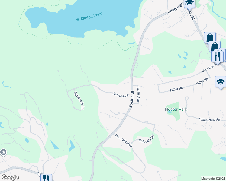 map of restaurants, bars, coffee shops, grocery stores, and more near 9 James Avenue in Middleton