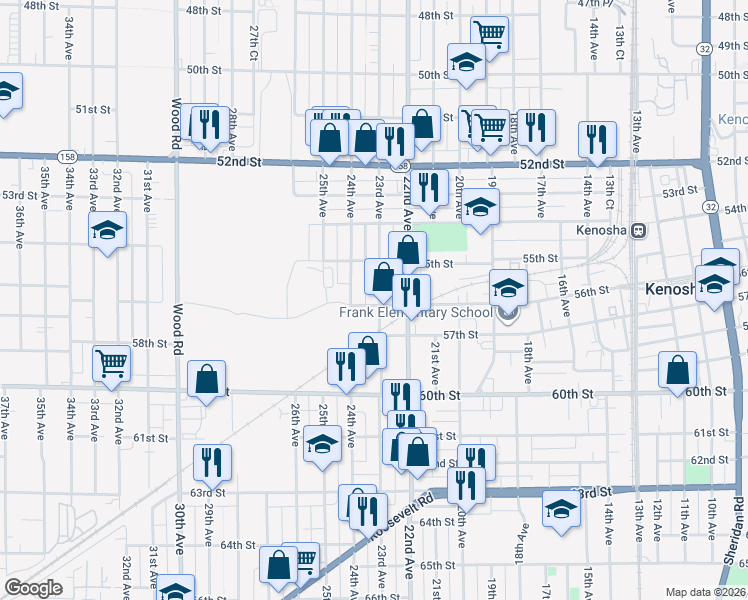map of restaurants, bars, coffee shops, grocery stores, and more near 2300 56th Street in Kenosha