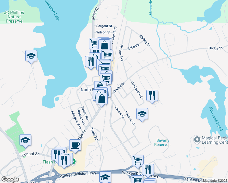 map of restaurants, bars, coffee shops, grocery stores, and more near 3 Roy Avenue in Beverly