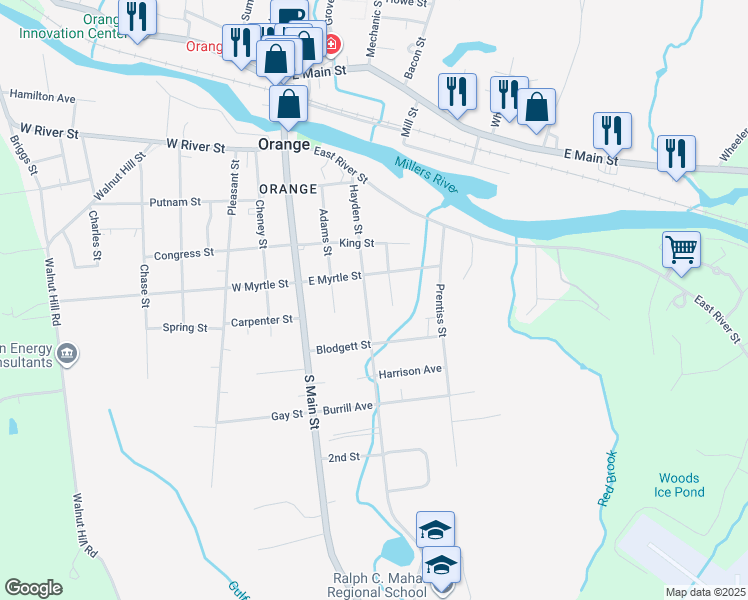 map of restaurants, bars, coffee shops, grocery stores, and more near 120 Hayden Street in Orange