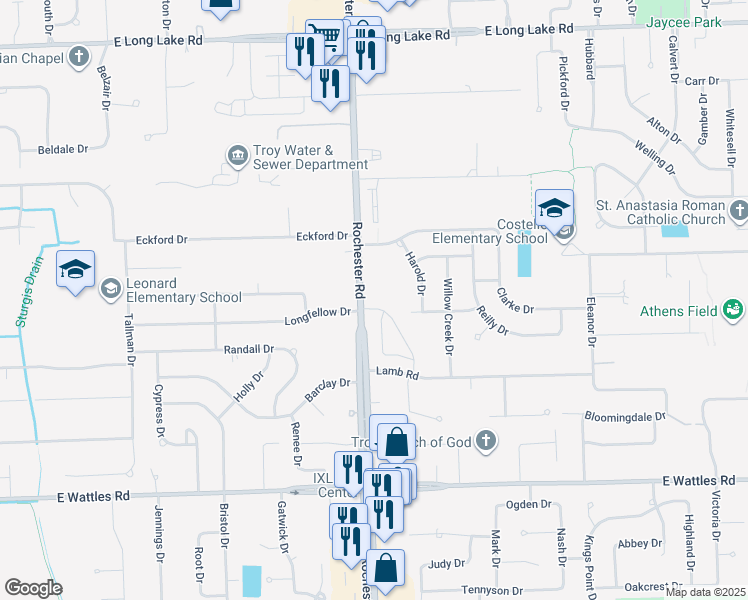 map of restaurants, bars, coffee shops, grocery stores, and more near 4340 Rochester Road in Troy