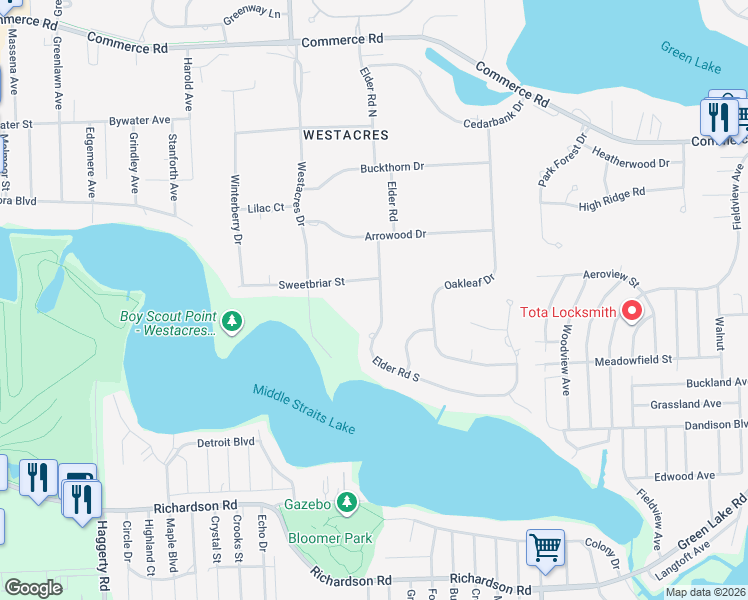 map of restaurants, bars, coffee shops, grocery stores, and more near 7369 Sweetbriar Street in West Bloomfield Township