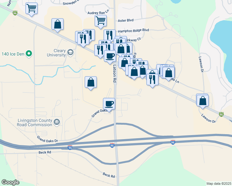 map of restaurants, bars, coffee shops, grocery stores, and more near 1072 South Latson Road in Howell