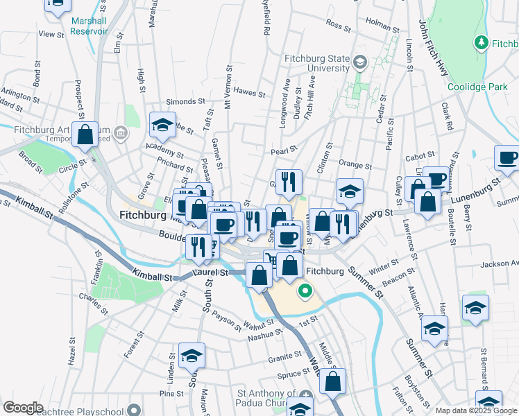 map of restaurants, bars, coffee shops, grocery stores, and more near 9 Union Street in Fitchburg