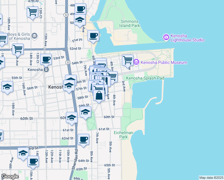 map of restaurants, bars, coffee shops, grocery stores, and more near 404 58th Street in Kenosha