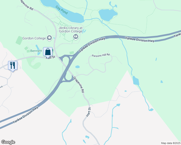 map of restaurants, bars, coffee shops, grocery stores, and more near 20 Parsons Hill Road in Wenham