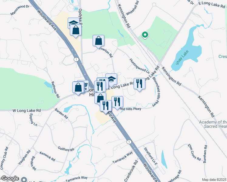 map of restaurants, bars, coffee shops, grocery stores, and more near 70 East Long Lake Road in Bloomfield Hills
