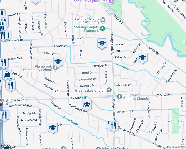 map of restaurants, bars, coffee shops, grocery stores, and more near 11309 Jacqueline Drive in Sterling Heights