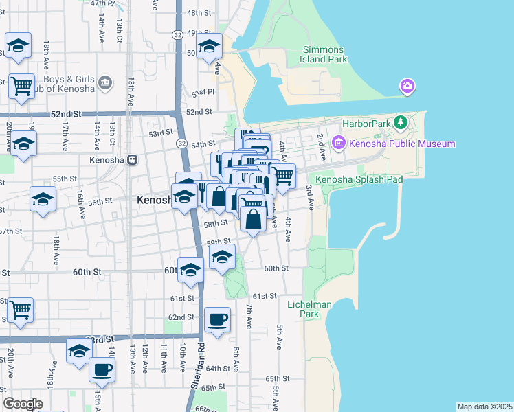 map of restaurants, bars, coffee shops, grocery stores, and more near 508 58th Street in Kenosha