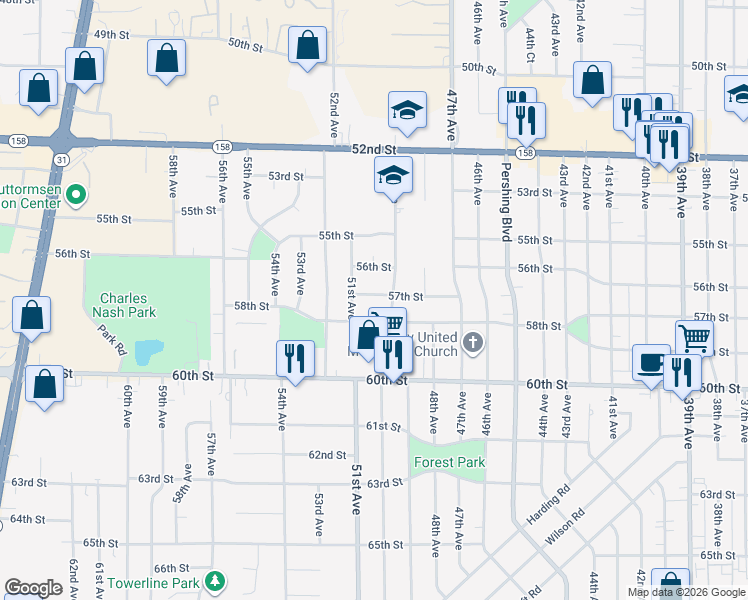 map of restaurants, bars, coffee shops, grocery stores, and more near 5001 57th Street in Kenosha