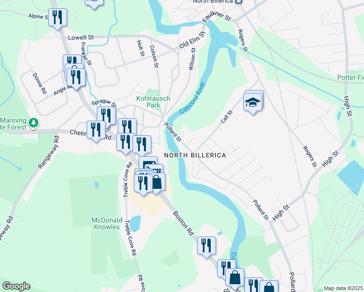map of restaurants, bars, coffee shops, grocery stores, and more near 23 Pollard Street in Billerica