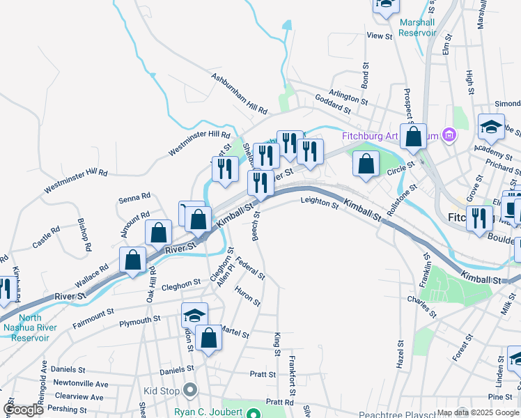 map of restaurants, bars, coffee shops, grocery stores, and more near 22 Beech Street in Fitchburg
