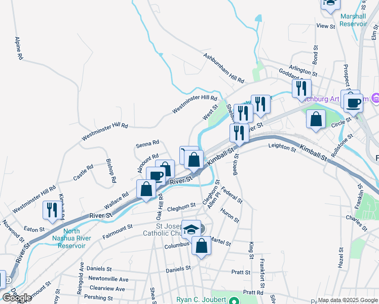 map of restaurants, bars, coffee shops, grocery stores, and more near 223-227 West Street in Fitchburg