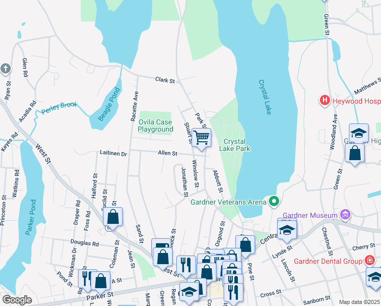 map of restaurants, bars, coffee shops, grocery stores, and more near 36 Allen Street in Gardner