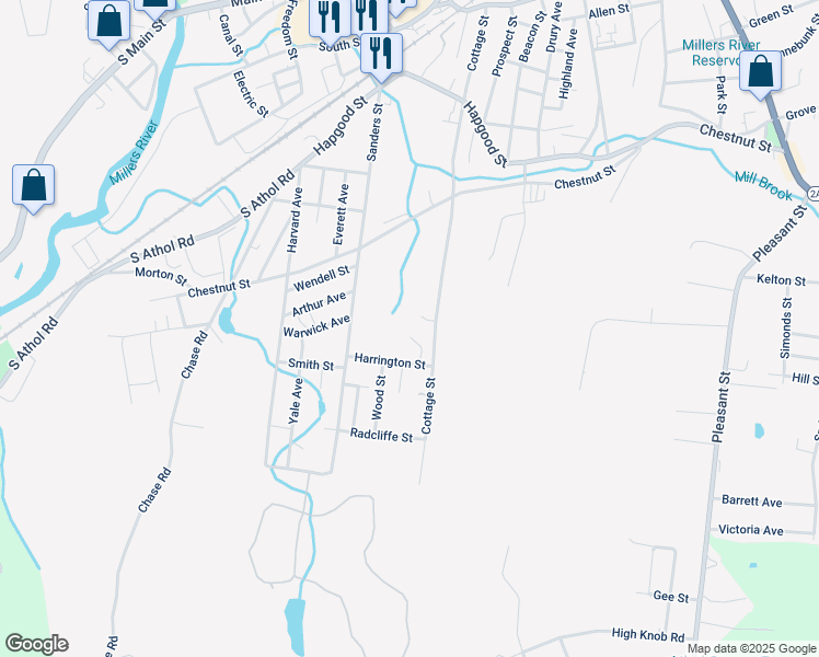 map of restaurants, bars, coffee shops, grocery stores, and more near 198 Harrington Street in Athol