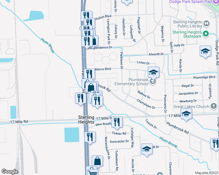 map of restaurants, bars, coffee shops, grocery stores, and more near 39507 Riviera Circle East in Sterling Heights