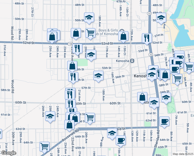 map of restaurants, bars, coffee shops, grocery stores, and more near 11 56th Street in Kenosha