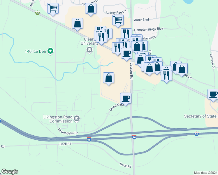 map of restaurants, bars, coffee shops, grocery stores, and more near 1072 South Latson Road in Howell
