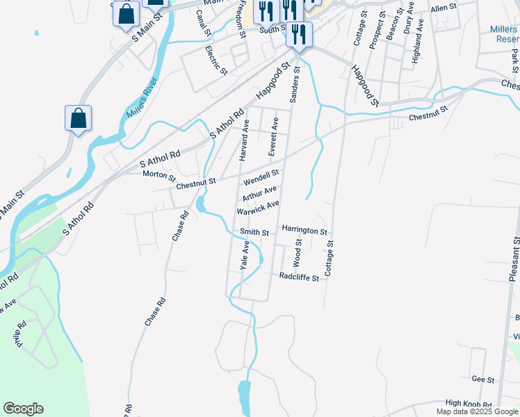 map of restaurants, bars, coffee shops, grocery stores, and more near 94 Warwick Avenue in Athol