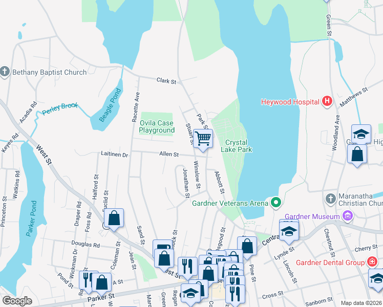 map of restaurants, bars, coffee shops, grocery stores, and more near 36 Allen Street in Gardner