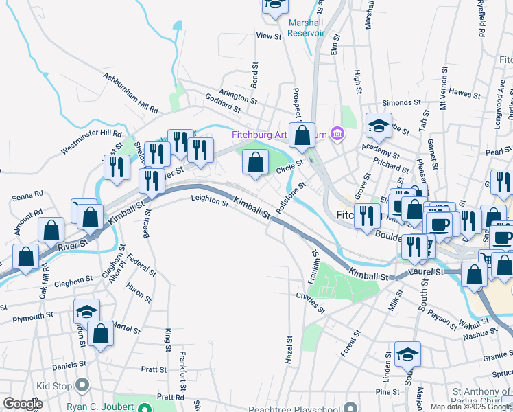 map of restaurants, bars, coffee shops, grocery stores, and more near 249 Kimball Street in Fitchburg