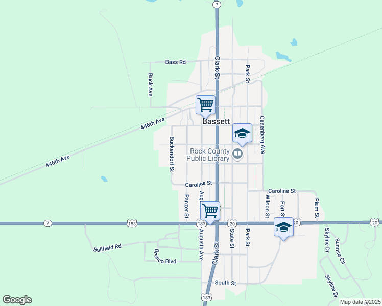 map of restaurants, bars, coffee shops, grocery stores, and more near 400-500 Panzer Street in Bassett