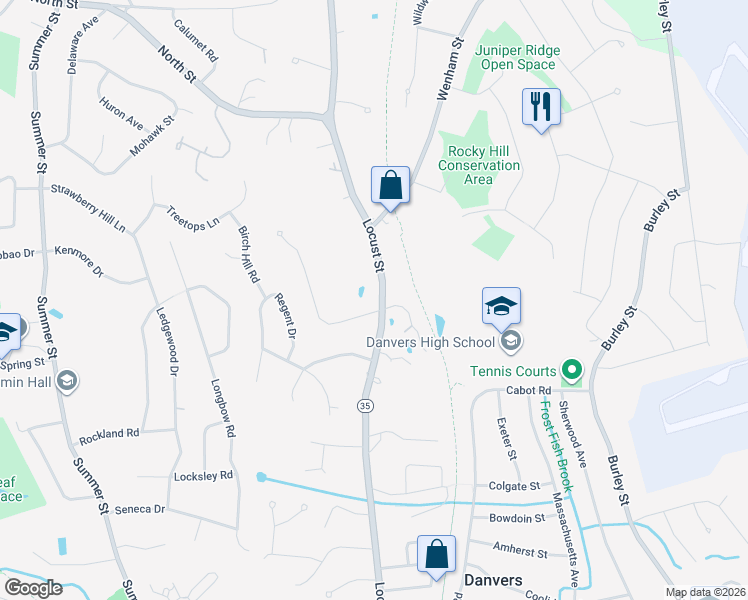 map of restaurants, bars, coffee shops, grocery stores, and more near 5 Neal Road in Danvers
