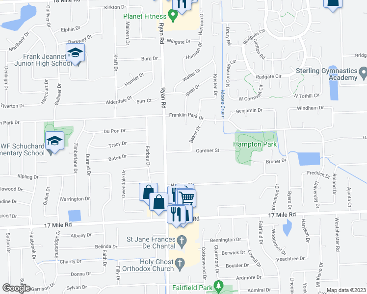 map of restaurants, bars, coffee shops, grocery stores, and more near 4131 Gardner Street in Sterling Heights