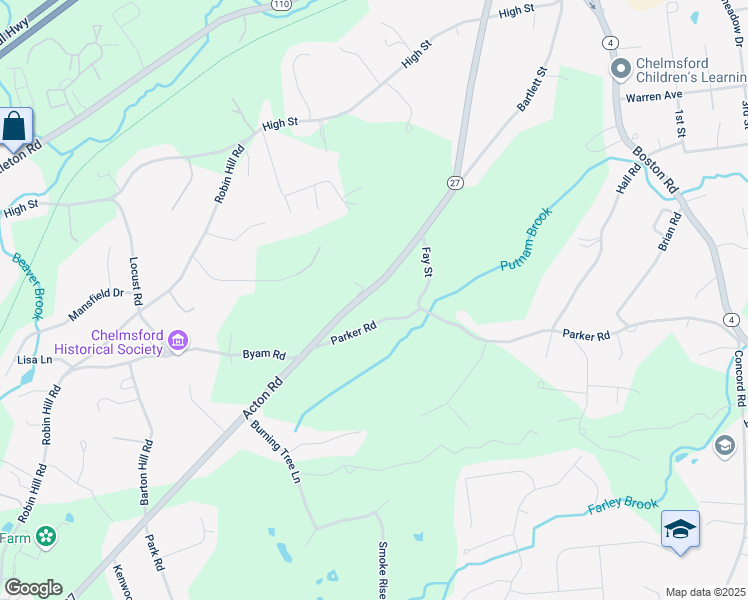 map of restaurants, bars, coffee shops, grocery stores, and more near 131 Parker Road in Chelmsford