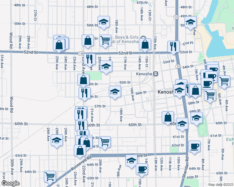 map of restaurants, bars, coffee shops, grocery stores, and more near 11 56th Street in Kenosha
