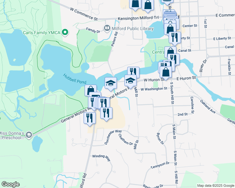 map of restaurants, bars, coffee shops, grocery stores, and more near 515 General Motors Road in Milford charter Township