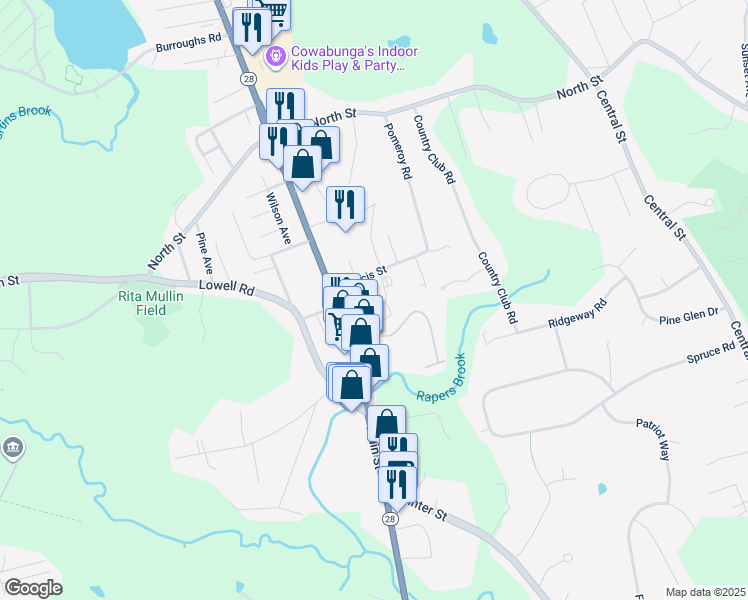 map of restaurants, bars, coffee shops, grocery stores, and more near 2 Greenbriar Drive in North Reading