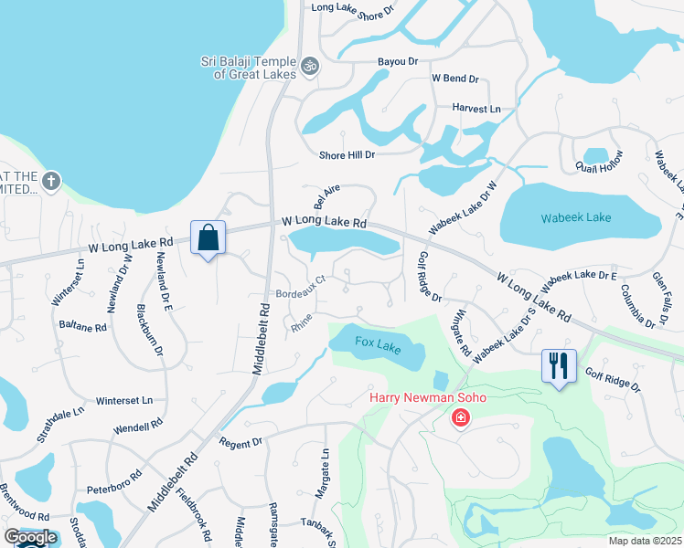 map of restaurants, bars, coffee shops, grocery stores, and more near 2160 Bordeaux in West Bloomfield Township