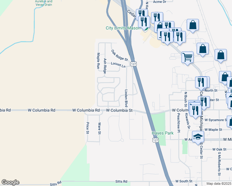 map of restaurants, bars, coffee shops, grocery stores, and more near 466 Shade Tree Trail in Mason