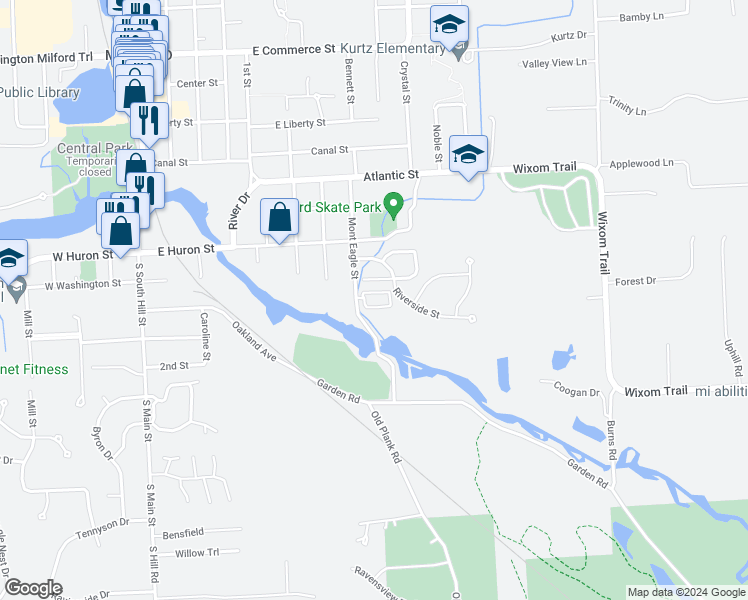 map of restaurants, bars, coffee shops, grocery stores, and more near 930 Creekwood Lane in Milford Charter Township